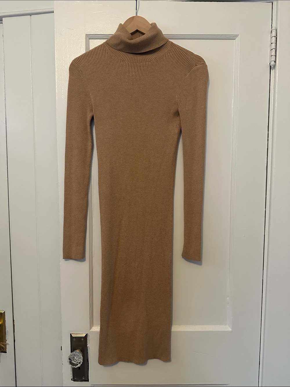 Express Camel Ribbed Turtleneck Midi Dress